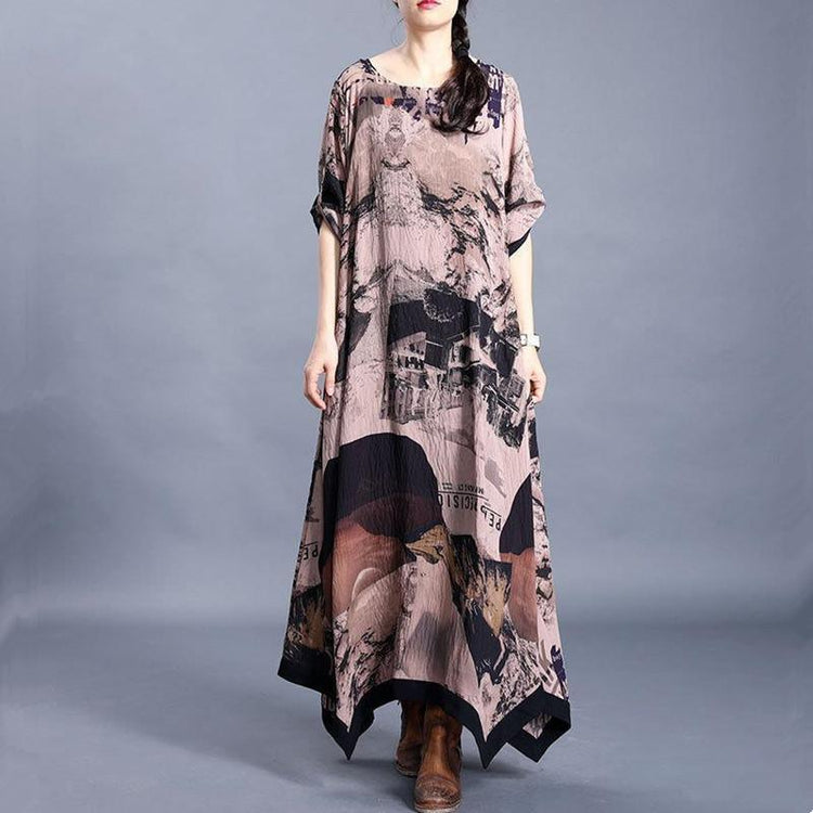 Women o neck asymmetric clothes pattern chocolate print Kaftan Dresses - Omychic