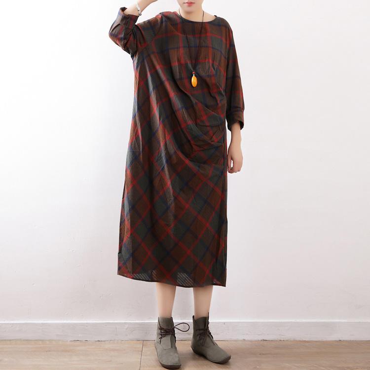 Women o neck asymmetric cotton clothes For Women Drops Design Shape red Plaid A Line Dresses - Omychic