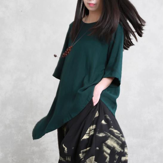 Women o neck asymmetric linen shirts blackish green blouses summer - Omychic