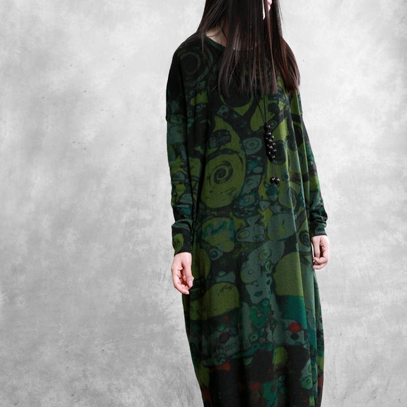 Women o neck baggy cotton spring tunic dress Ward robes green print Dresses - Omychic