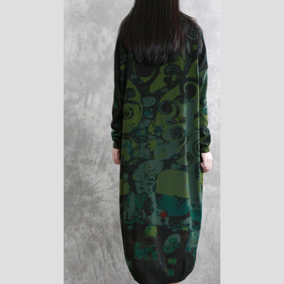 Women o neck baggy cotton spring tunic dress Ward robes green print Dresses - Omychic