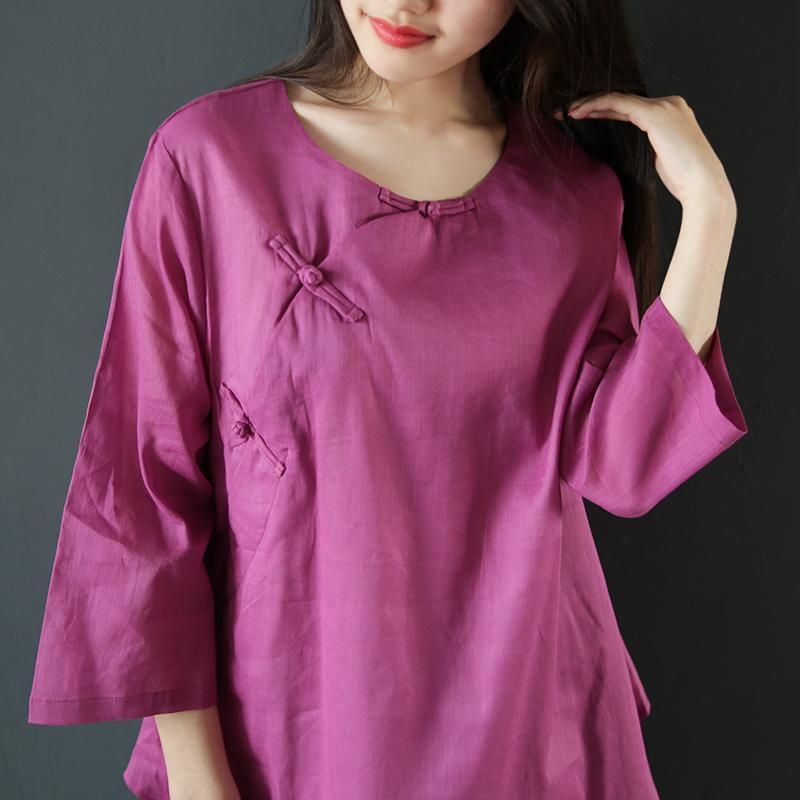 Women o neck cotton linen shirts women rose tunic tops Summer - Omychic