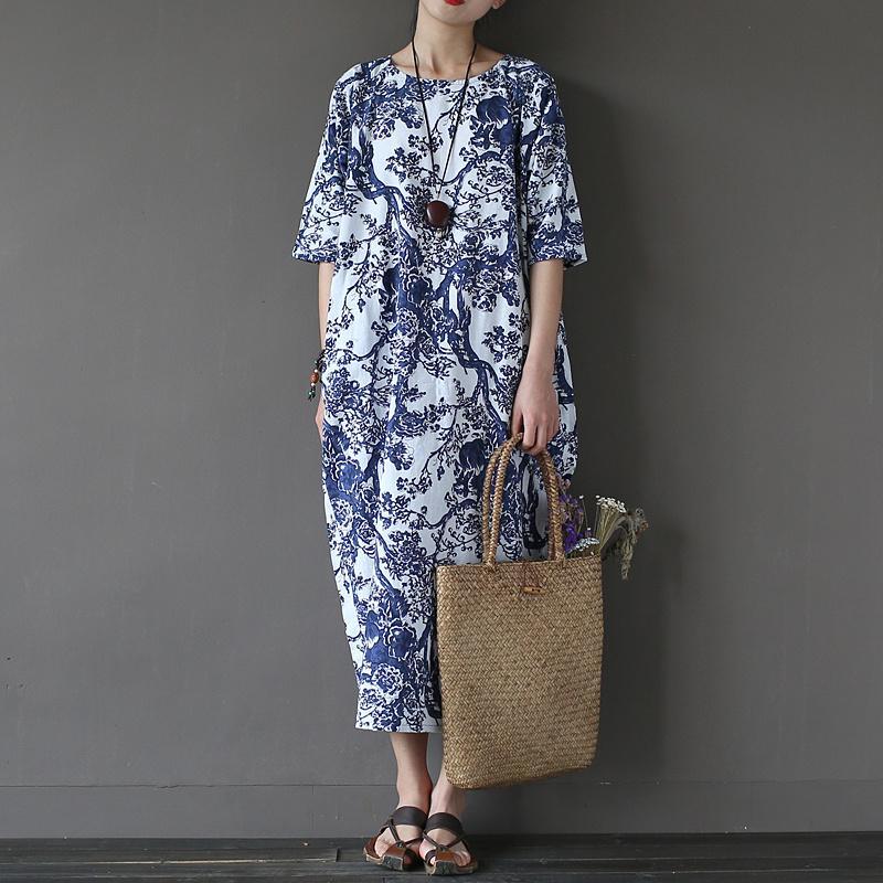 Women o neck cotton linen summer clothes For Women Photography blue prints Dresses - Omychic