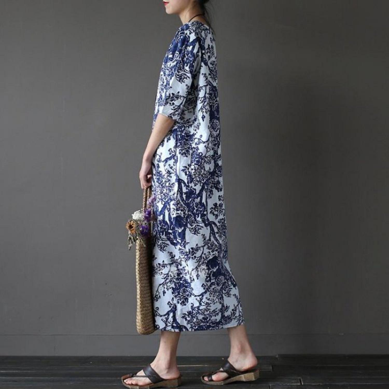 Women o neck cotton linen summer clothes For Women Photography blue prints Dresses - Omychic