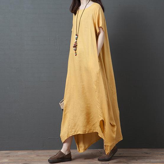 Women o neck cotton tunic pattern linen yellow Art Dresses summer - Omychic