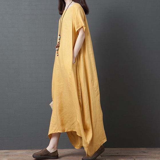 Women o neck cotton tunic pattern linen yellow Art Dresses summer - Omychic