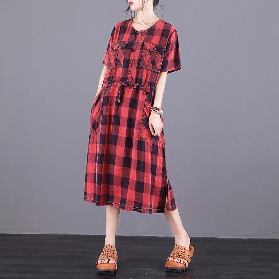 Women O Neck Drawstring Robes Red Plaid Dresses Summer ( Limited Stock) - Omychic