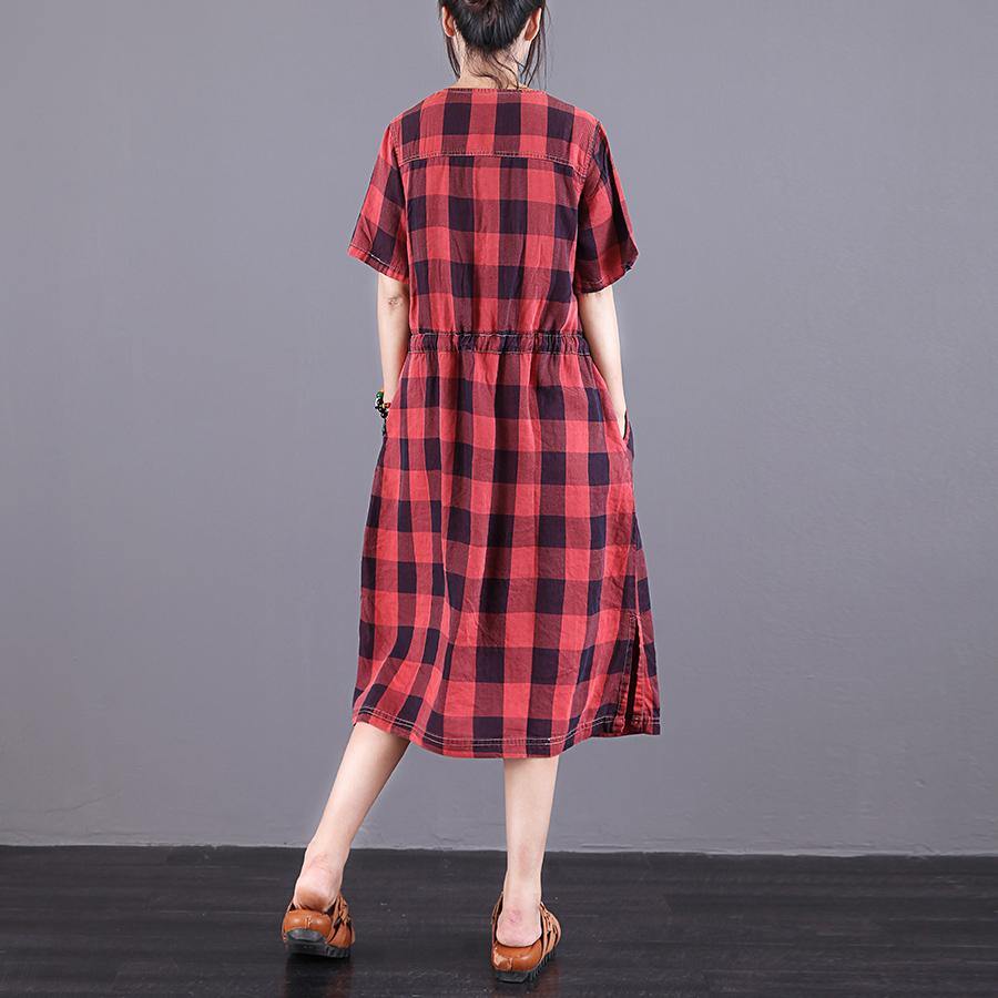 Women O Neck Drawstring Robes Red Plaid Dresses Summer ( Limited Stock) - Omychic