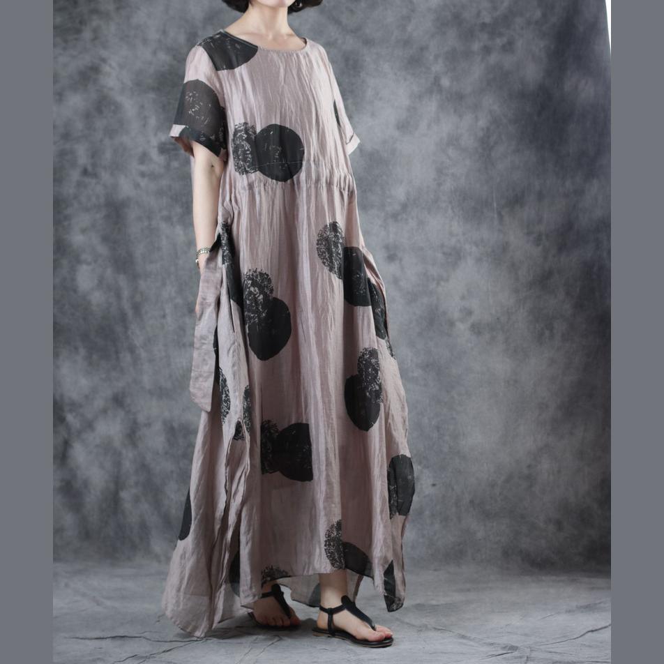 Women o neck drawstring linen Tunic pattern khaki dotted top summer - Omychic