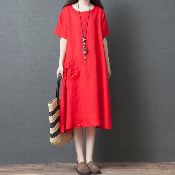 Women o neck drawstring linen clothes For Fashion Ideas red Dresses summer - Omychic