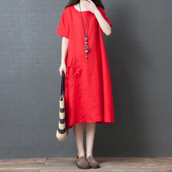 Women o neck drawstring linen clothes For Fashion Ideas red Dresses summer - Omychic