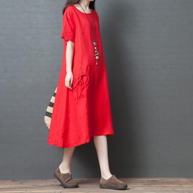 Women o neck drawstring linen clothes For Fashion Ideas red Dresses summer - Omychic