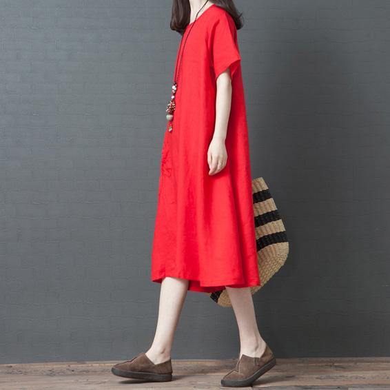 Women o neck drawstring linen clothes For Fashion Ideas red Dresses summer - Omychic