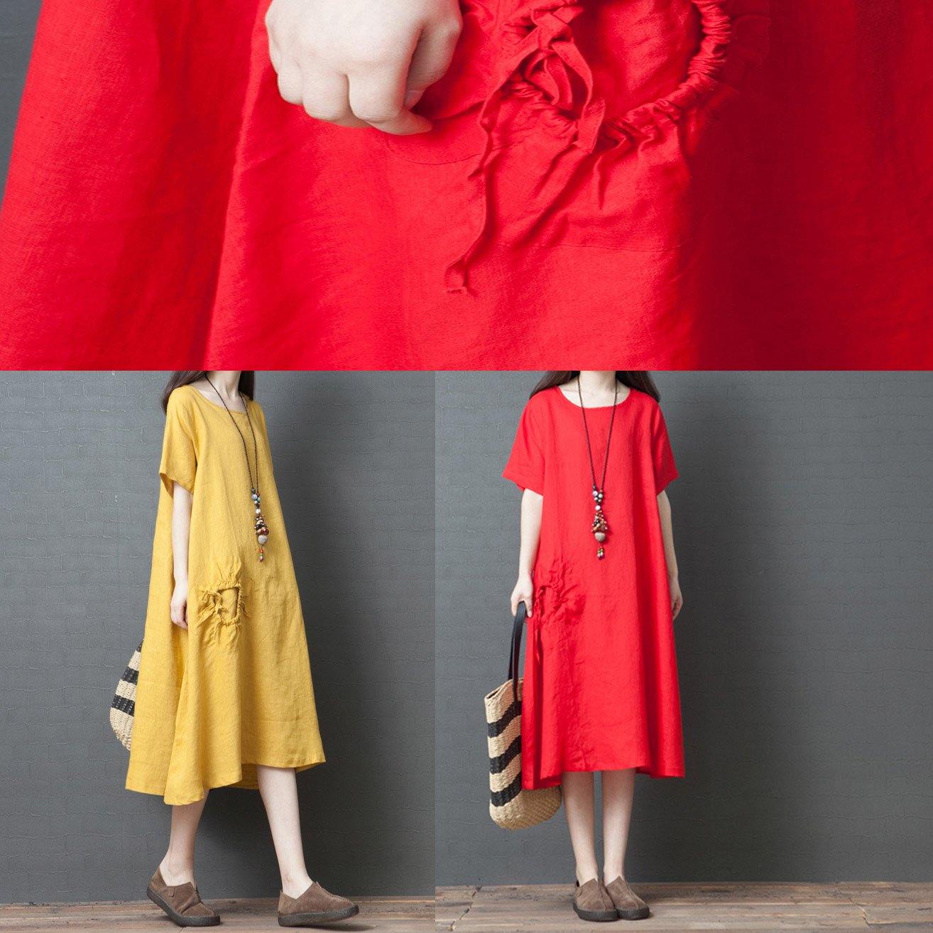 Women o neck drawstring linen clothes For Fashion Ideas red Dresses summer - Omychic