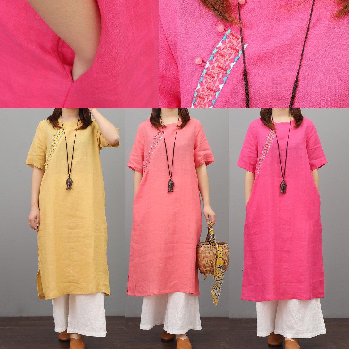 Women o neck embroidery linen dresses Catwalk light rose Dresses summer - Omychic