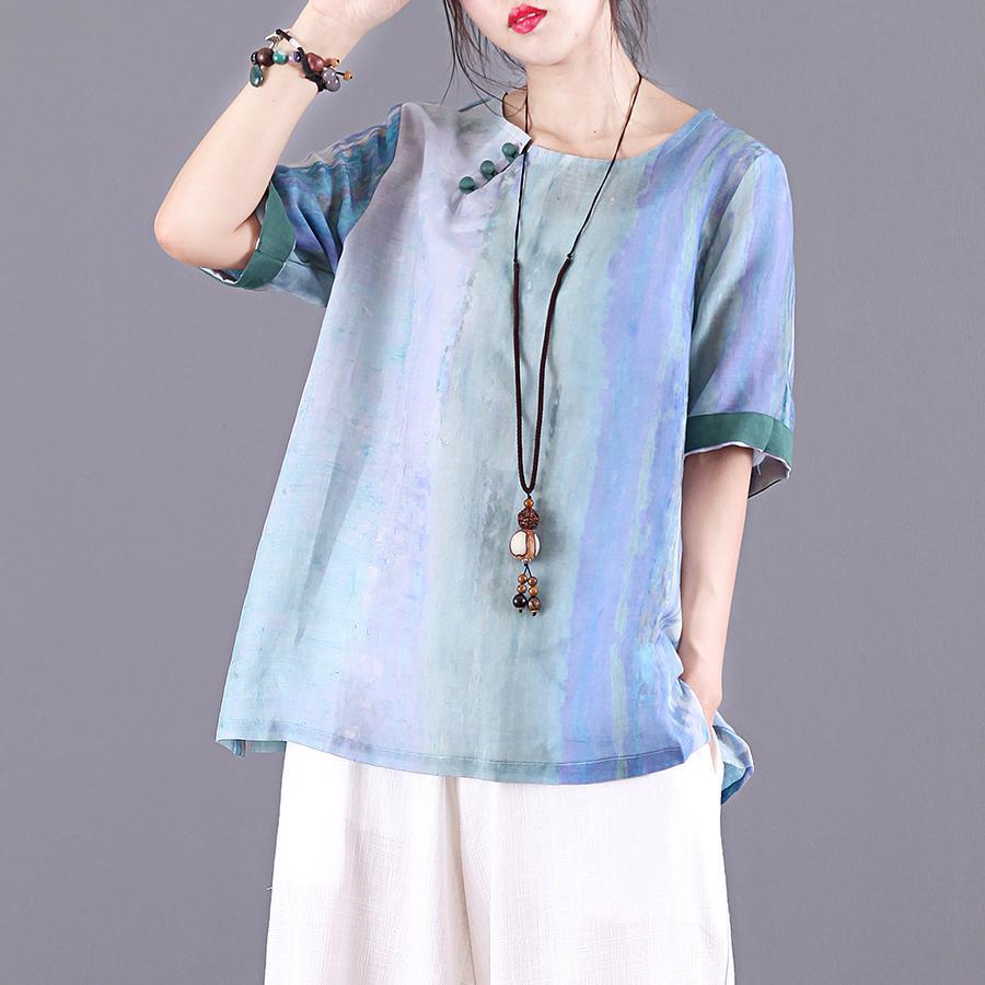 Women o neck half sleeve linen clothes For Women Sewing blue print shirt summer - Omychic