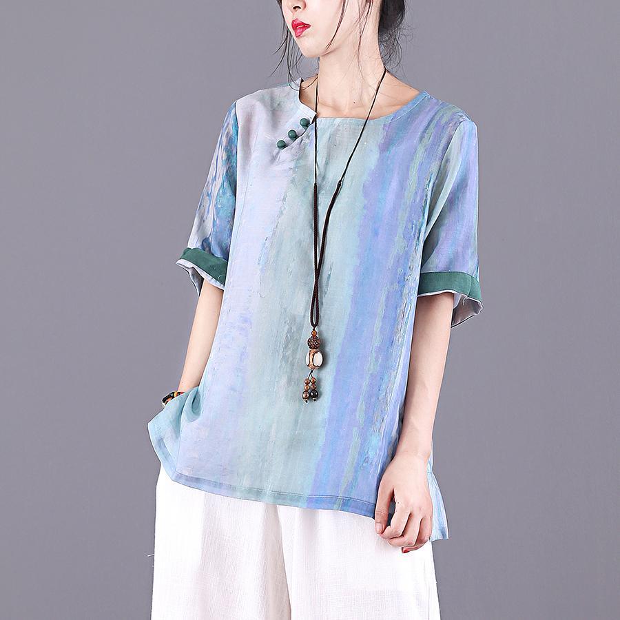 Women o neck half sleeve linen clothes For Women Sewing blue print shirt summer - Omychic