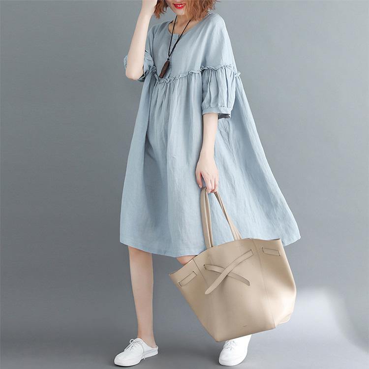 Women o neck lantern sleeve Cotton dresses stylish Photography light blue baggy Dresses - Omychic
