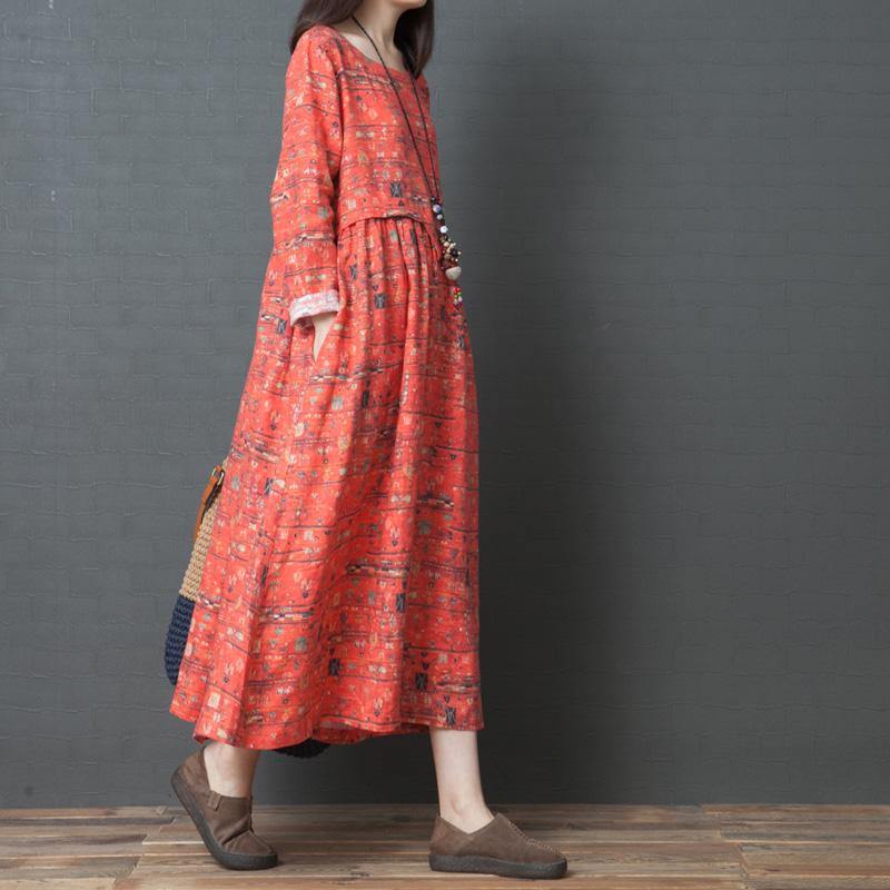 Women o neck linen Robes Fitted Shirts orange prints Plus Size Dresses spring - Omychic
