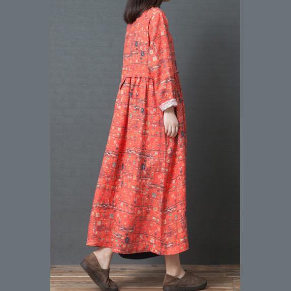 Women o neck linen Robes Fitted Shirts orange prints Plus Size Dresses spring - Omychic
