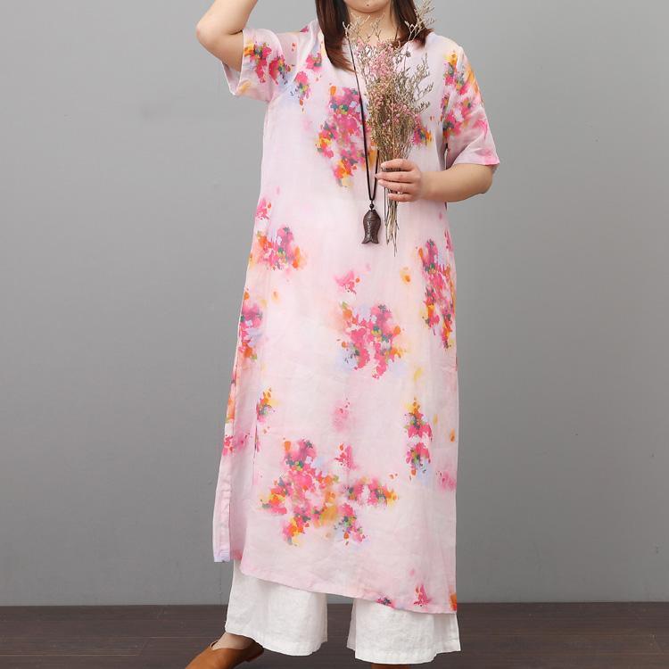 Women o neck linen Robes Wardrobes pink prints Dresses summer - Omychic