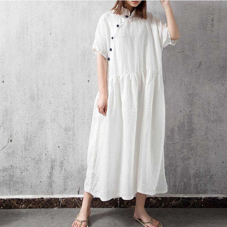 Women o neck linen Robes pattern white Dress summer - Omychic