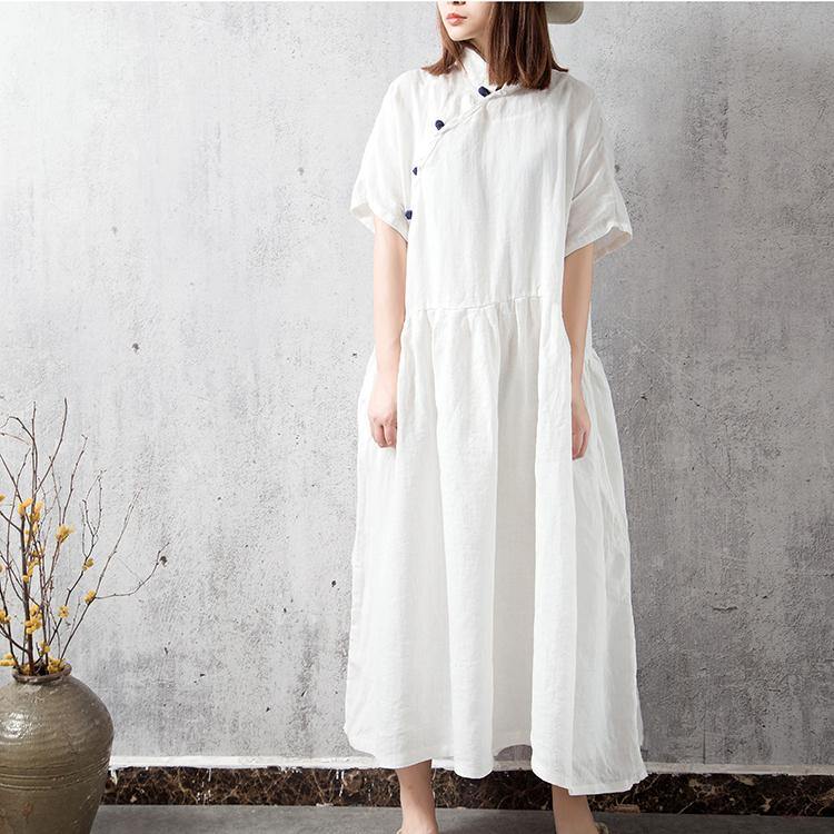 Women o neck linen Robes pattern white Dress summer - Omychic
