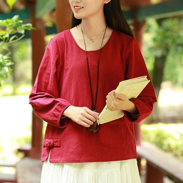 Women o neck linen clothes For Women pattern red blouses fall - Omychic