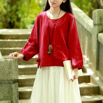 Women o neck linen clothes For Women pattern red blouses fall - Omychic