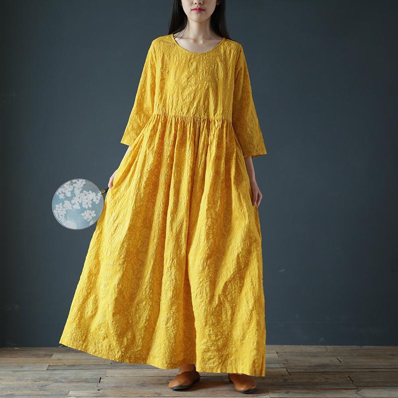 Women o neck linen cotton dress Inspiration yellow Dress summer - Omychic