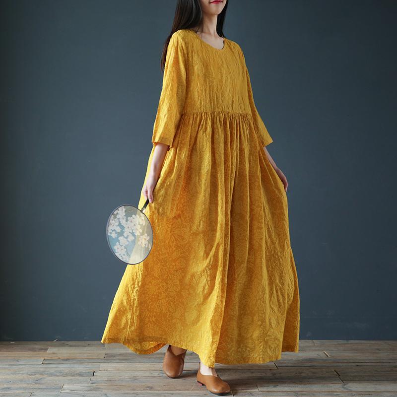 Women o neck linen cotton dress Inspiration yellow Dress summer - Omychic
