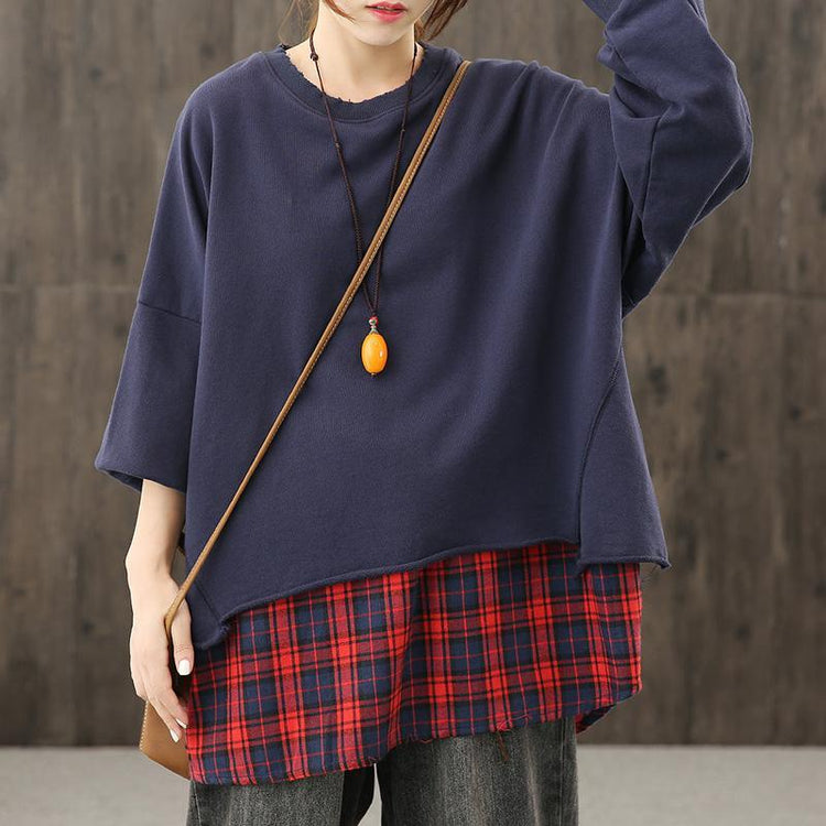 Women o neck patchwork fall tunic pattern Neckline navy shirts - Omychic