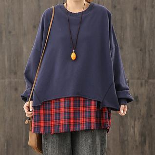 Women o neck patchwork fall tunic pattern Neckline navy shirts - Omychic