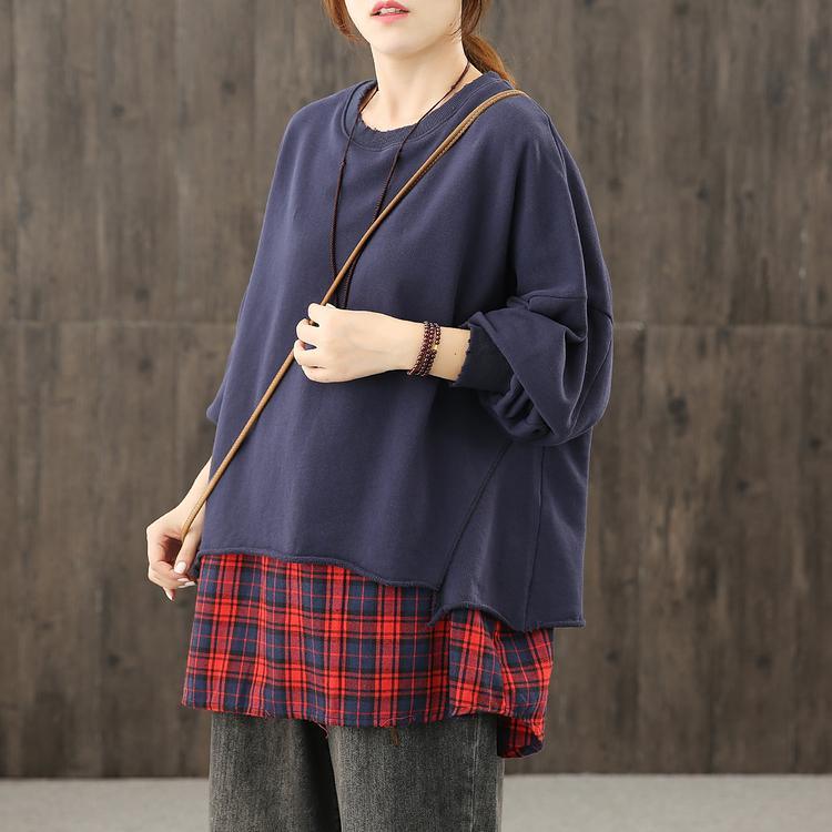 Women o neck patchwork fall tunic pattern Neckline navy shirts - Omychic