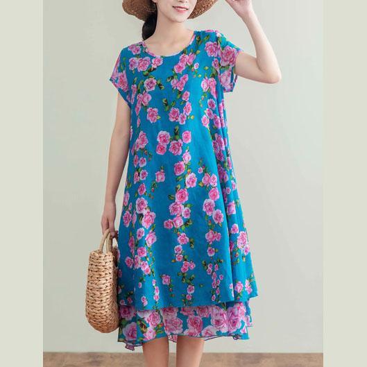 Women o neck patchwork linen cotton quilting clothes Shirts blue print Dress summer - Omychic