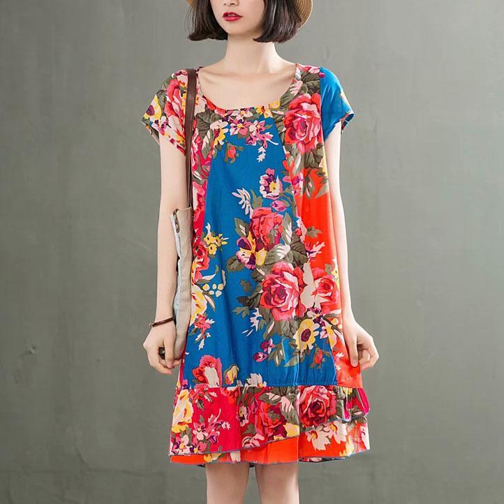 Women o neck patchwork linen dress blue print Dresses summer - Omychic