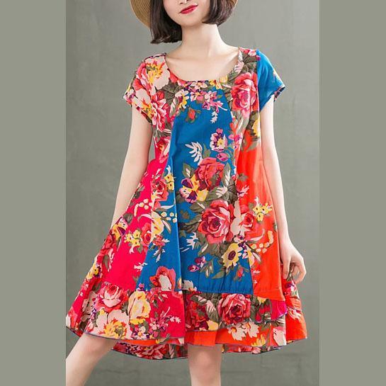 Women o neck patchwork linen dress blue print Dresses summer - Omychic