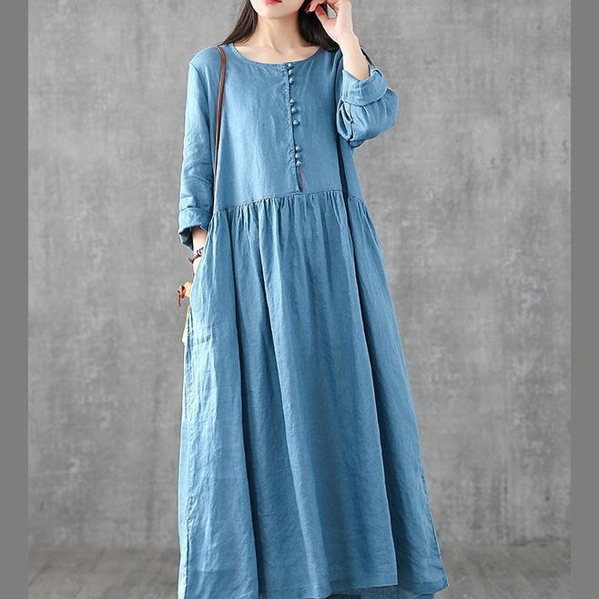 Women o neck patchwork linen dresses Shirts blue Dresses - Omychic