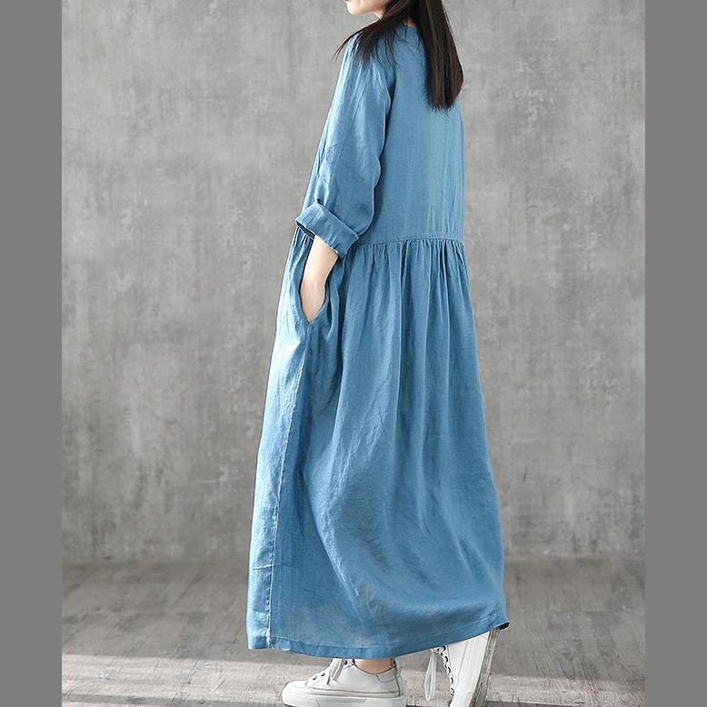 Women o neck patchwork linen dresses Shirts blue Dresses - Omychic