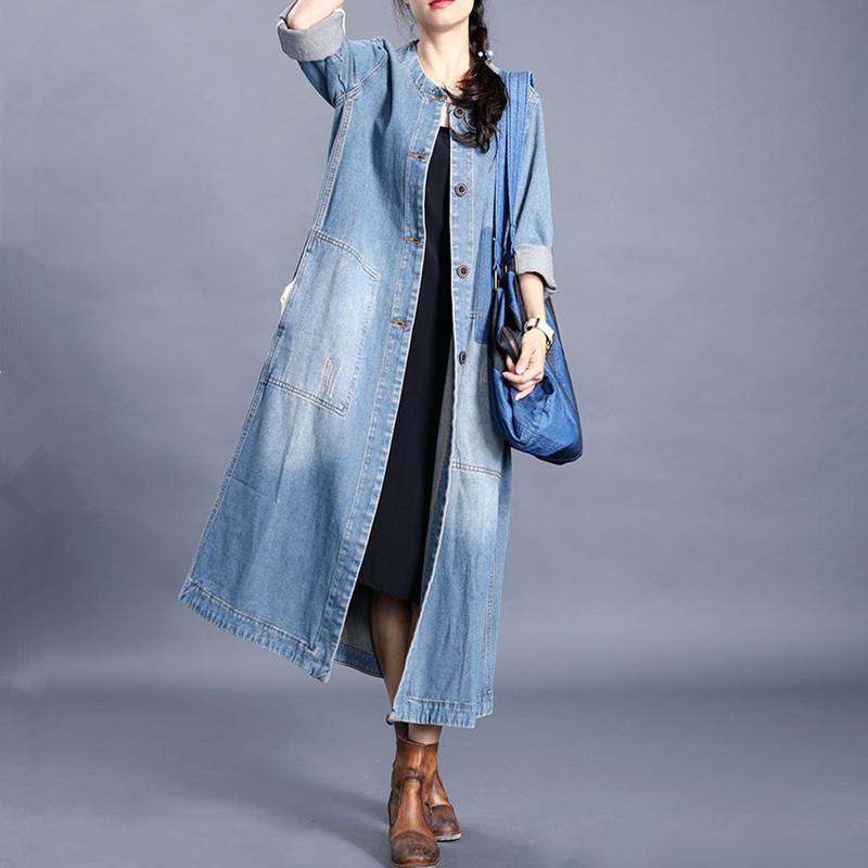 Women o neck pockets Plus Size spring clothes denim blue baggy outwear - Omychic