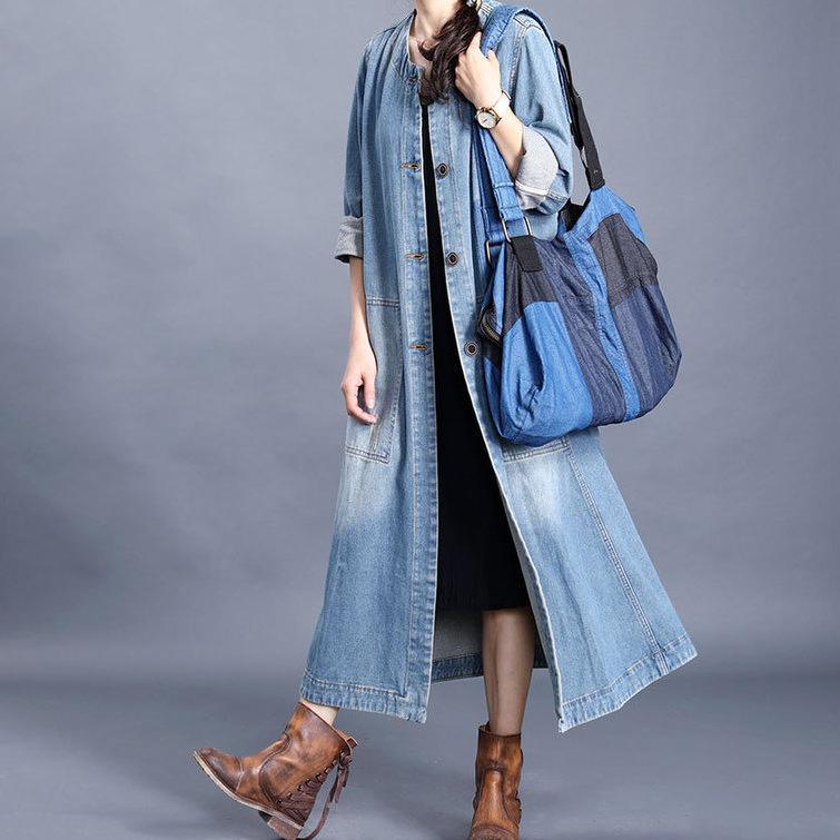 Women o neck pockets Plus Size spring clothes denim blue baggy outwear - Omychic