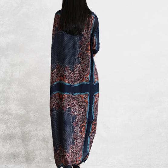 Women o neck pockets chiffon clothes Boho navy print Dresses Summer - Omychic