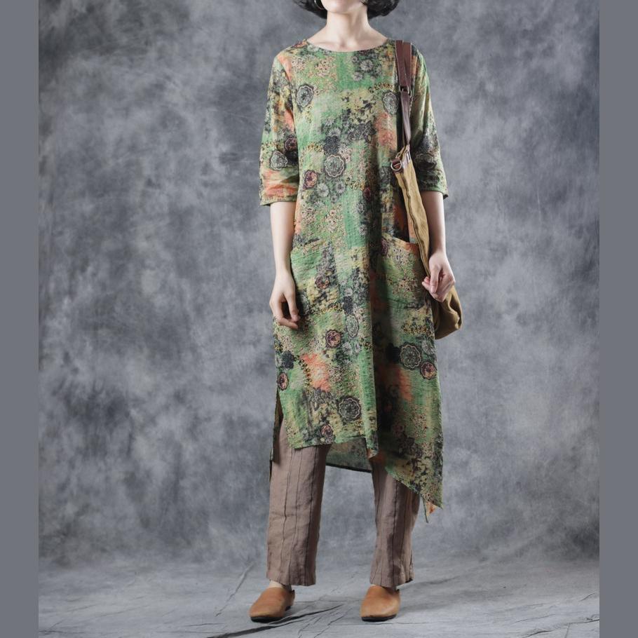 Women o neck pockets linen Robes Sleeve green print Dress summer - Omychic