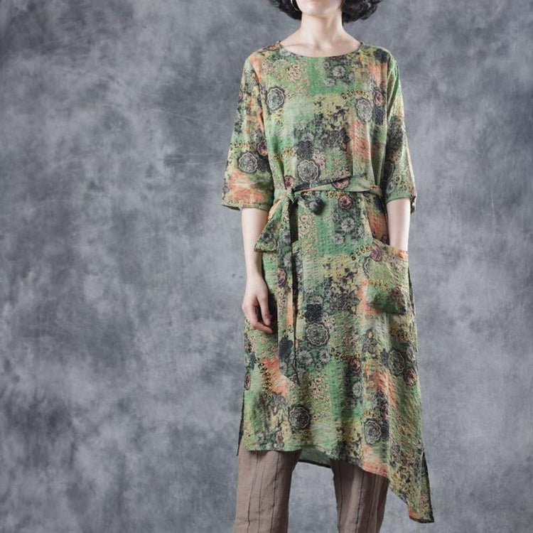 Women o neck pockets linen Robes Sleeve green print Dress summer - Omychic