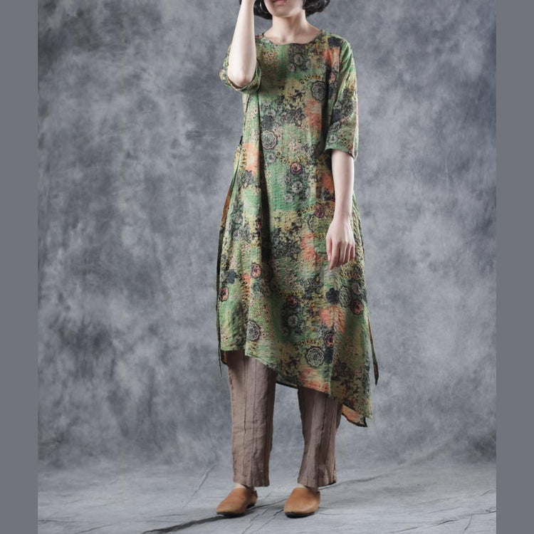 Women o neck pockets linen Robes Sleeve green print Dress summer - Omychic