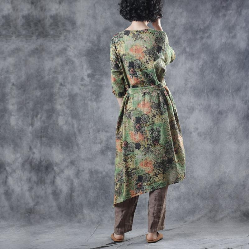 Women o neck pockets linen Robes Sleeve green print Dress summer - Omychic