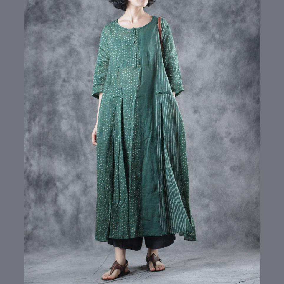 Women o neck pockets linen clothes Wardrobes green dotted Dress summer - Omychic