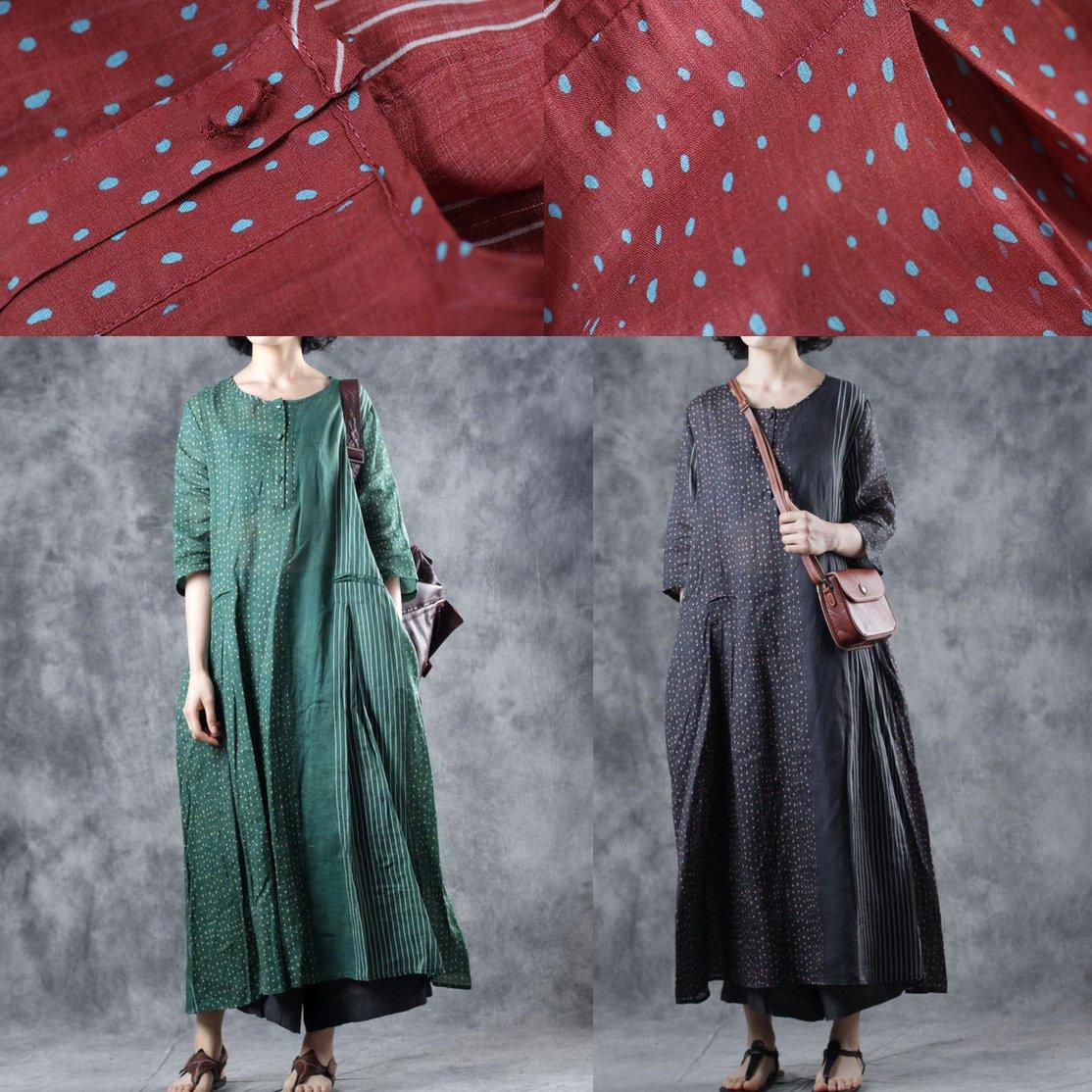 Women o neck pockets linen clothes Wardrobes green dotted Dress summer - Omychic
