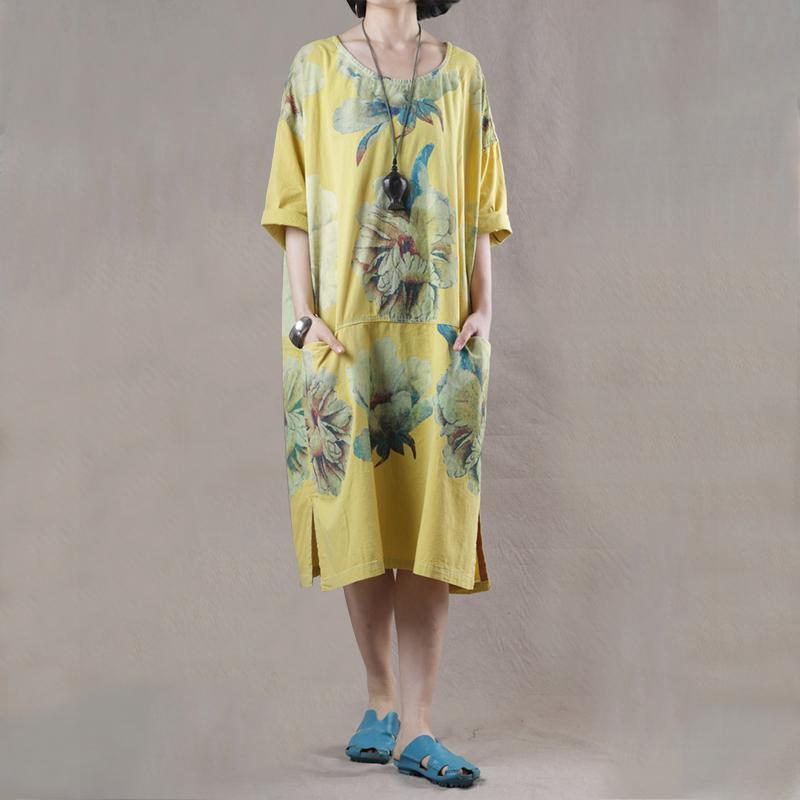 Women o neck pockets linen cotton dresses Wardrobes yellow print Dresses summer - Omychic