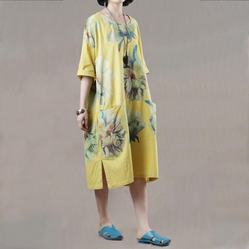 Women o neck pockets linen cotton dresses Wardrobes yellow print Dresses summer - Omychic